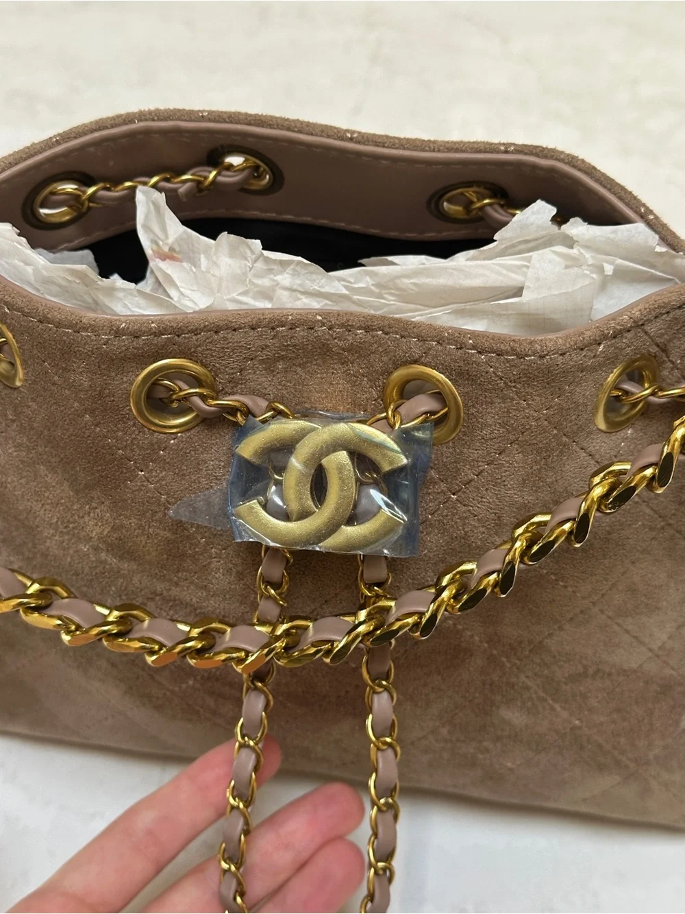 Beige Suede Drawstring Shoulder Bag